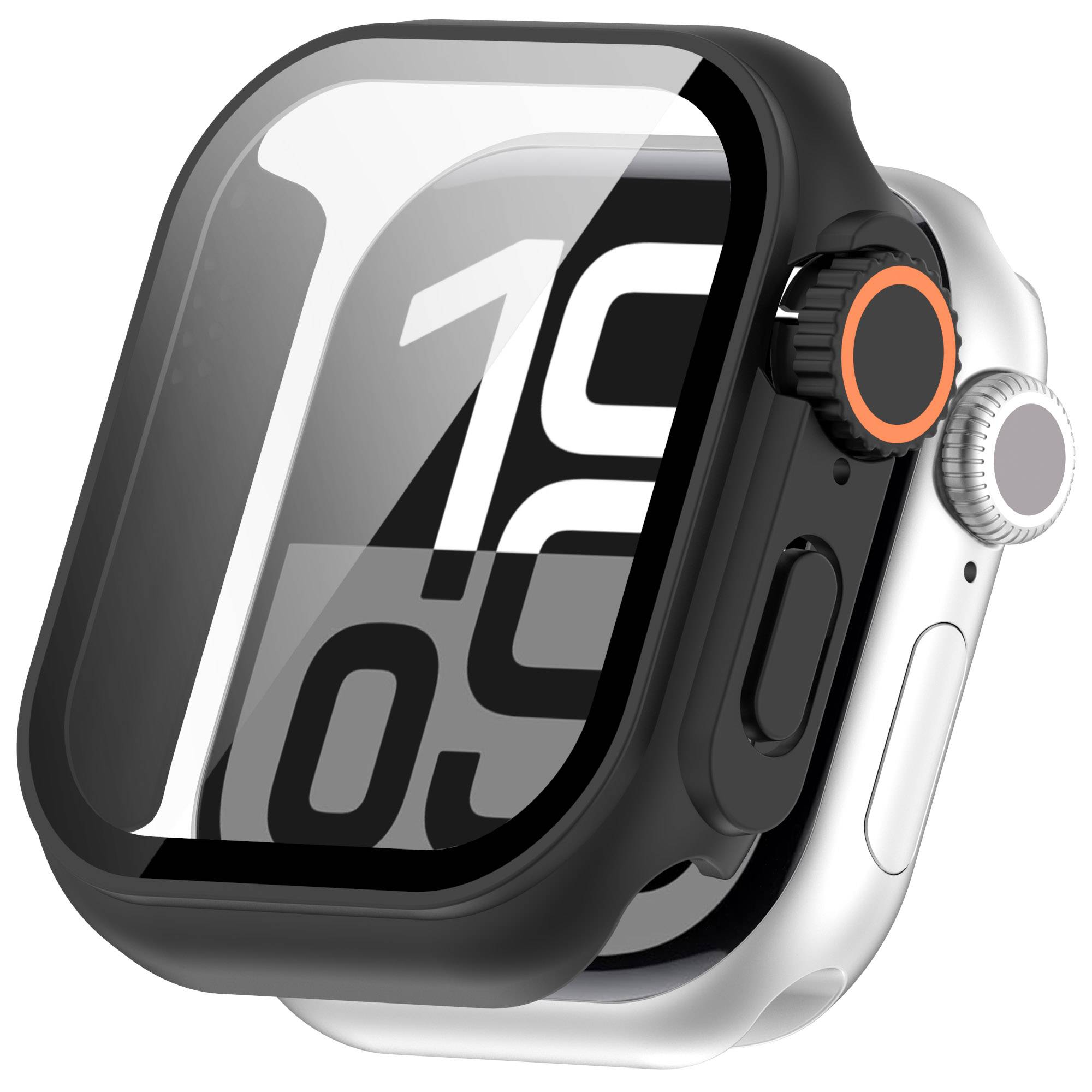 Eine digitale Smartwatch mit großem Display, auf dem "20:19"" angezeigt wird. Die Uhr hat ein schwarzes Gehäuse und eine orange akzentuierte Krone, auf einem weißen Armband montiert.