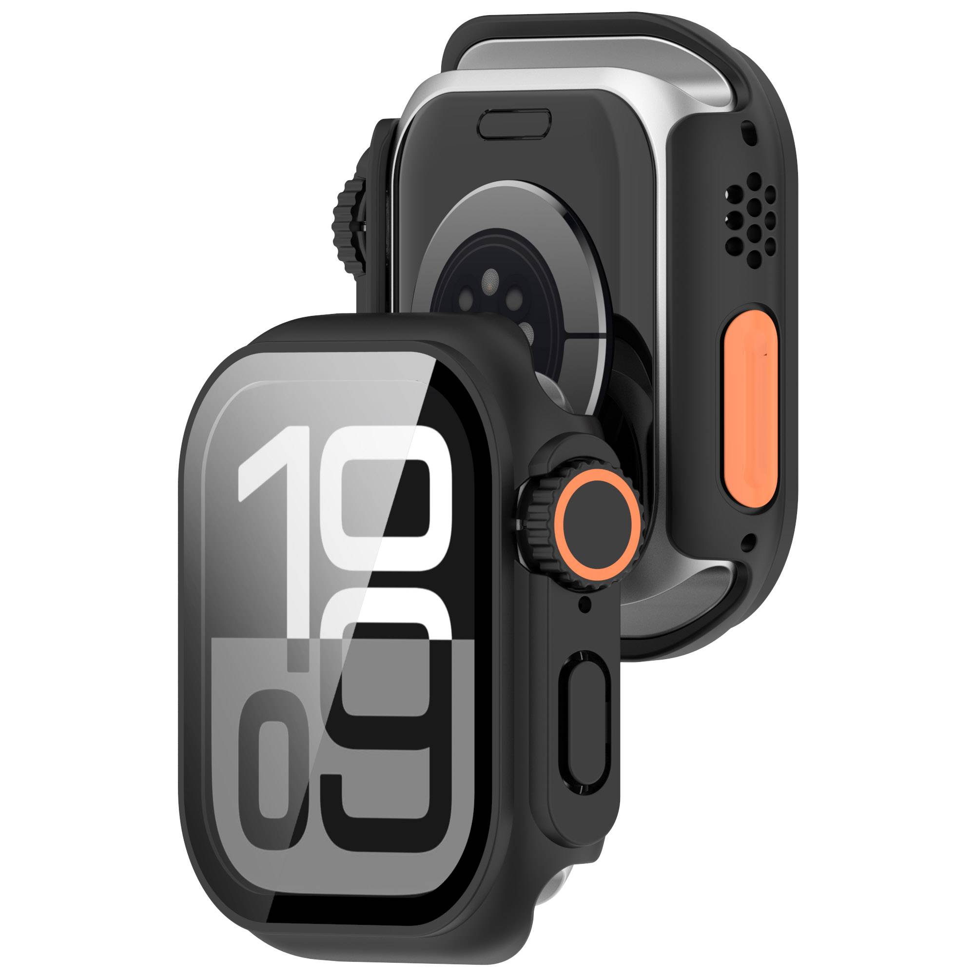 Zwei digitale Smartwatches mit orangefarbenen Akzenten, die große Zahlen anzeigen. Die Uhr auf der linken Seite zeigt „10 09