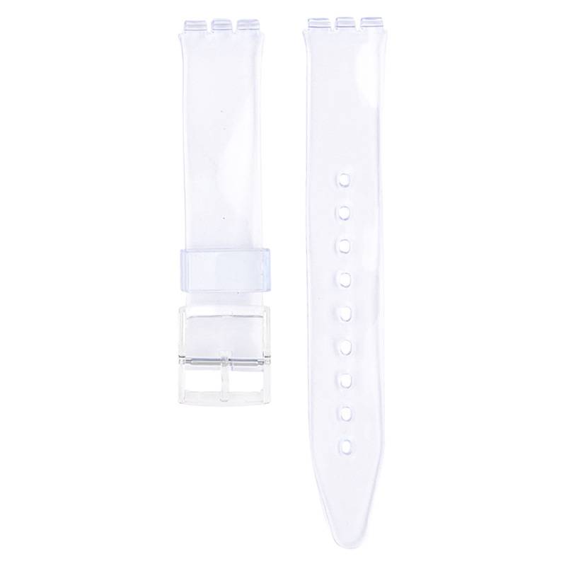 Transparentes Uhrenarmband mit mehreren Löchern zur Größenanpassung, mit einer transparenten Kunststoffschnalle.