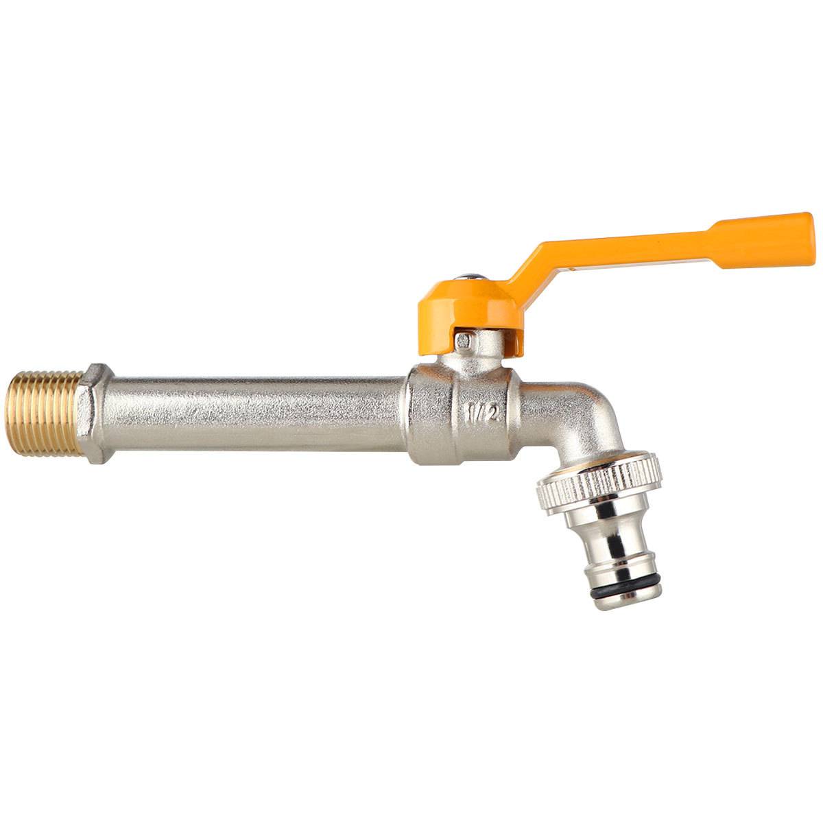 Verlängerter Messing-Gartenauslaufhahn mit gelbem Aluminiumgriff