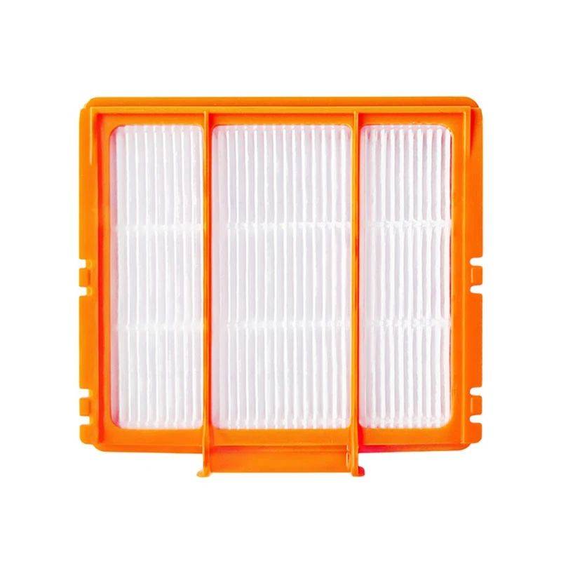 Ein Luftfilter mit orangefarbenem Rahmen mit drei Abschnitten aus weißem gefälteltem Material, der zum Erfassen von Staub und Partikeln in Luftanlagen konzipiert ist.