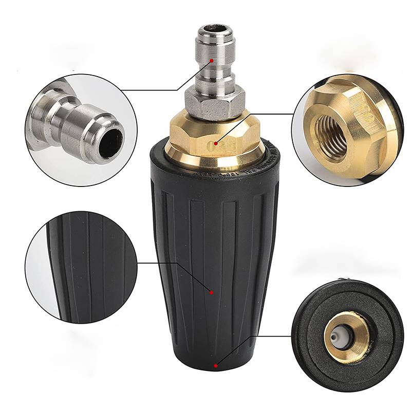 Sprühdüse für Hochdruckreiniger mit Messing- und Edelstahlbeschlägen; Detailansicht zeigt Stecker- und Gewindeleprägungs-bereiche.