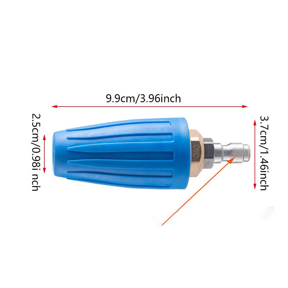 Eine blaue konische Düse mit Abmessungen: Länge 9,9cm/3,96in, Basisdurchmesser 3,7cm/1,46in, Spitzendurchmesser 2,5cm/0,98in, mit Pfeilen dargestellt.