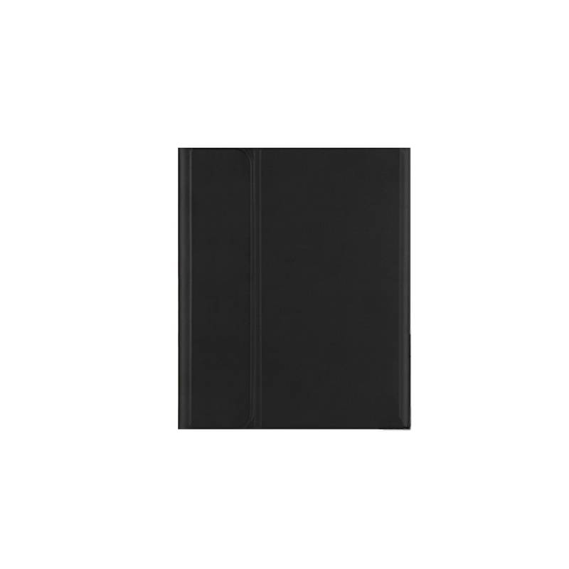 Schwarzes, rechteckiges Notizbuch mit strukturiertem Einband, geschlossen und von vorne betrachtet.