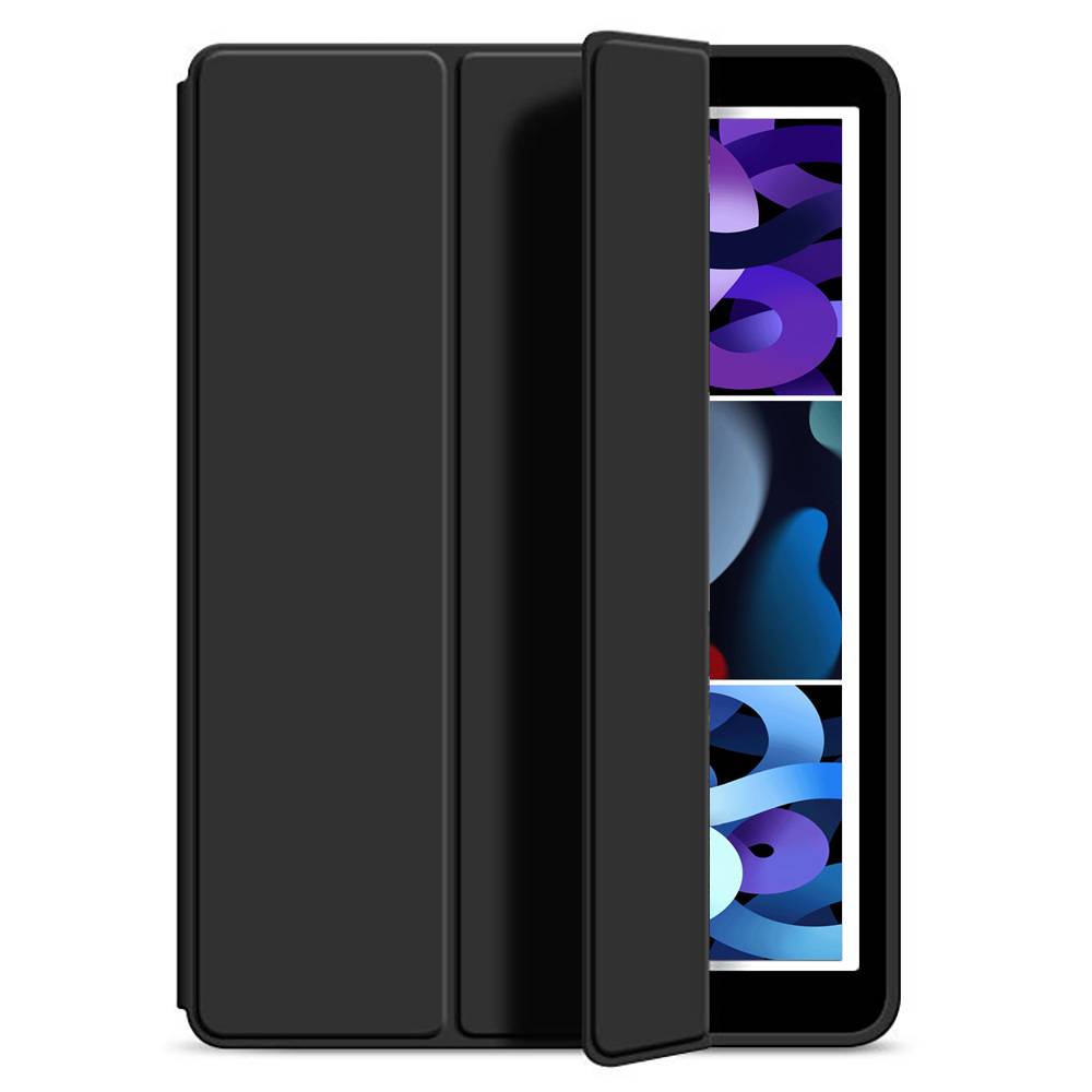 Ein Tablet in einem schwarzen Schutzetui ist teilweise geöffnet und zeigt einen bunten, abstrakten Bildschirm in Blau-, Lila- und Rottönen.