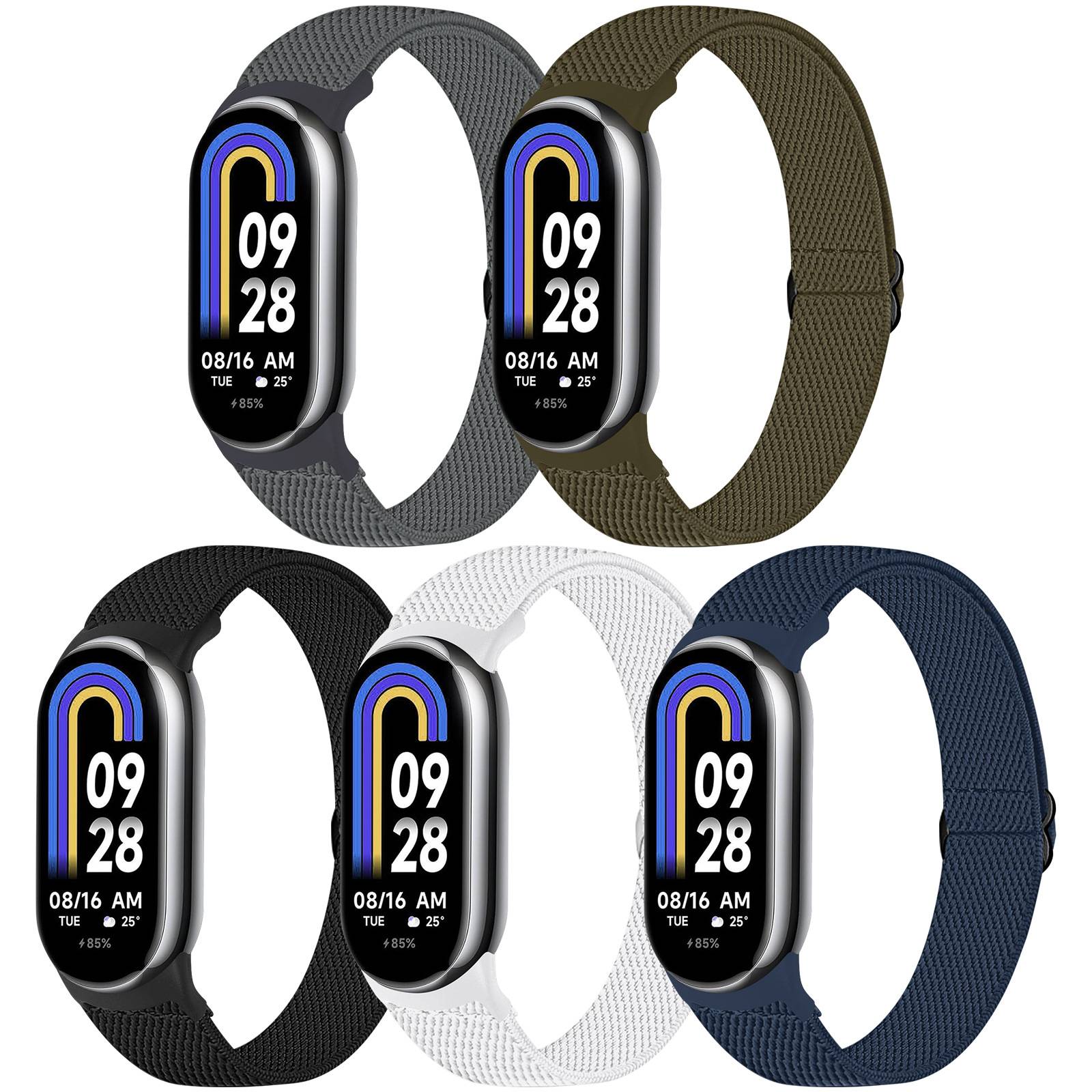 Smartwatches mit farbigen Zeitanzeigen und verschiedenen Armband farben: Schwarz, Grau, Olive, Dunkelgrün und Weiß.