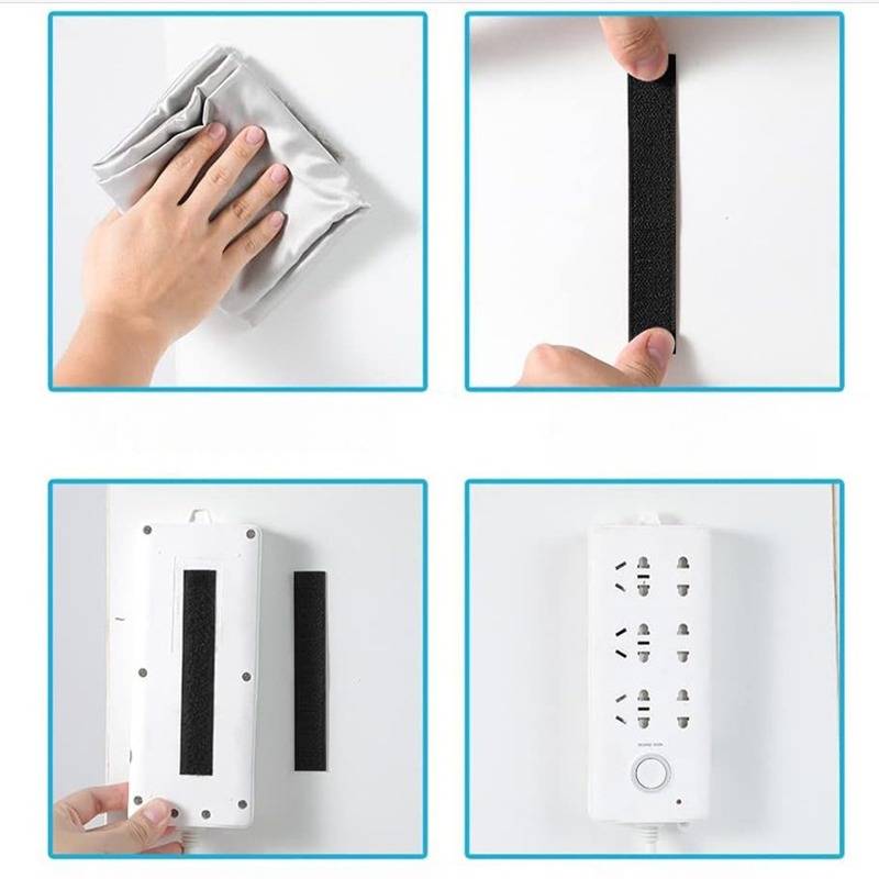 Bilder zum Anbringen eines elektronischen Geräts an einer Wand mit Klebstreifen: Oberflächenreinigung, Anbringen des Streifens und Positionierung des Geräts.