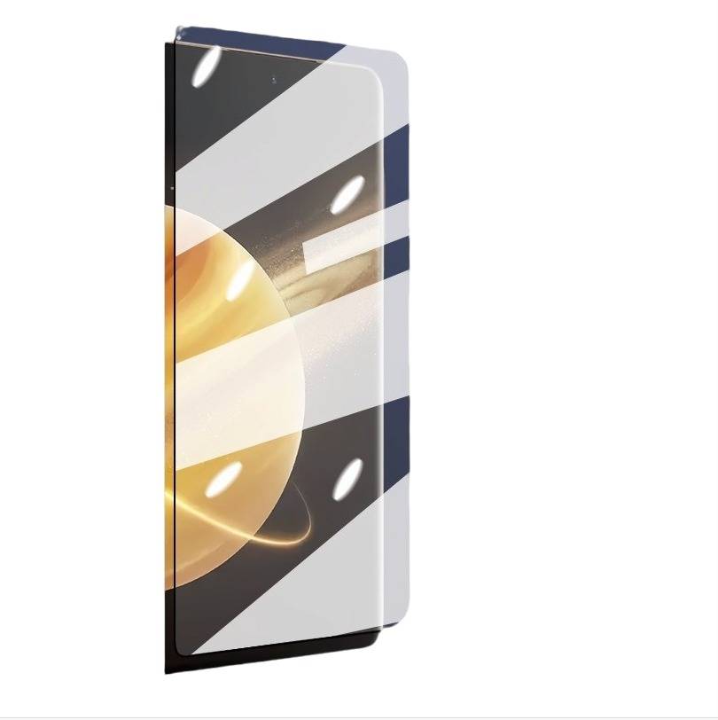 Ein zusammengeklapptes Smartphone mit einem weltraumthematischen Bild, das Planeten und Sterne zeigt, und veranschaulicht sein flexibles Display und sein Scharnier-Design.