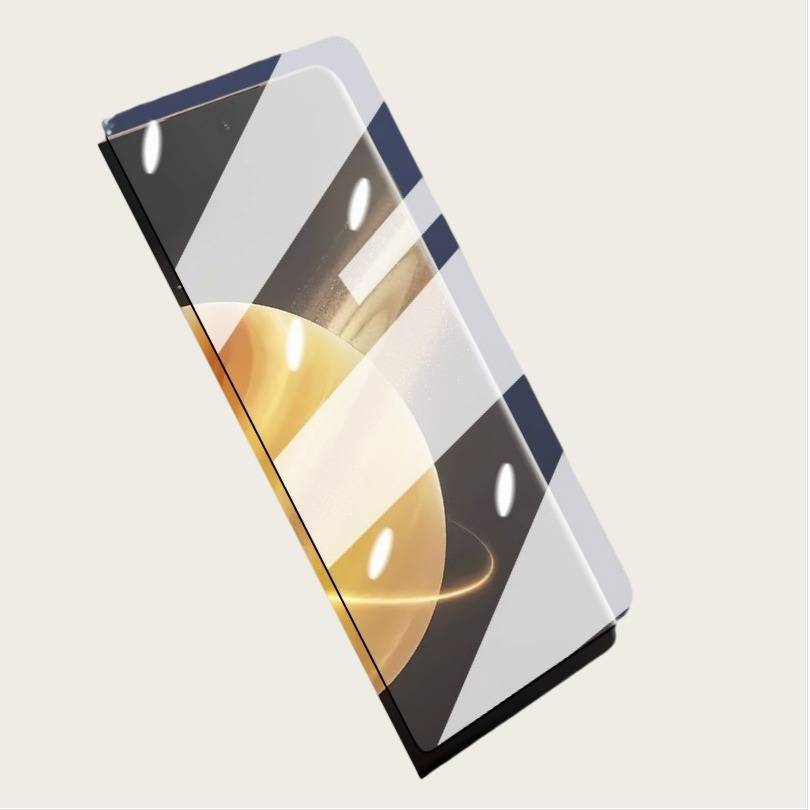 Ein Smartphone mit schlankem, abgewinkeltem Design zeigt ein abstraktes geometrisches Muster mit Kreisen und sich schneidenden Linien in neutralen Tönen.