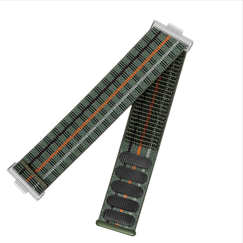 Ein grün und orange gewebtes Uhrenarmband mit Klett-Verschluss, entwickelt für robuste oder Outdoor-Nutzung.