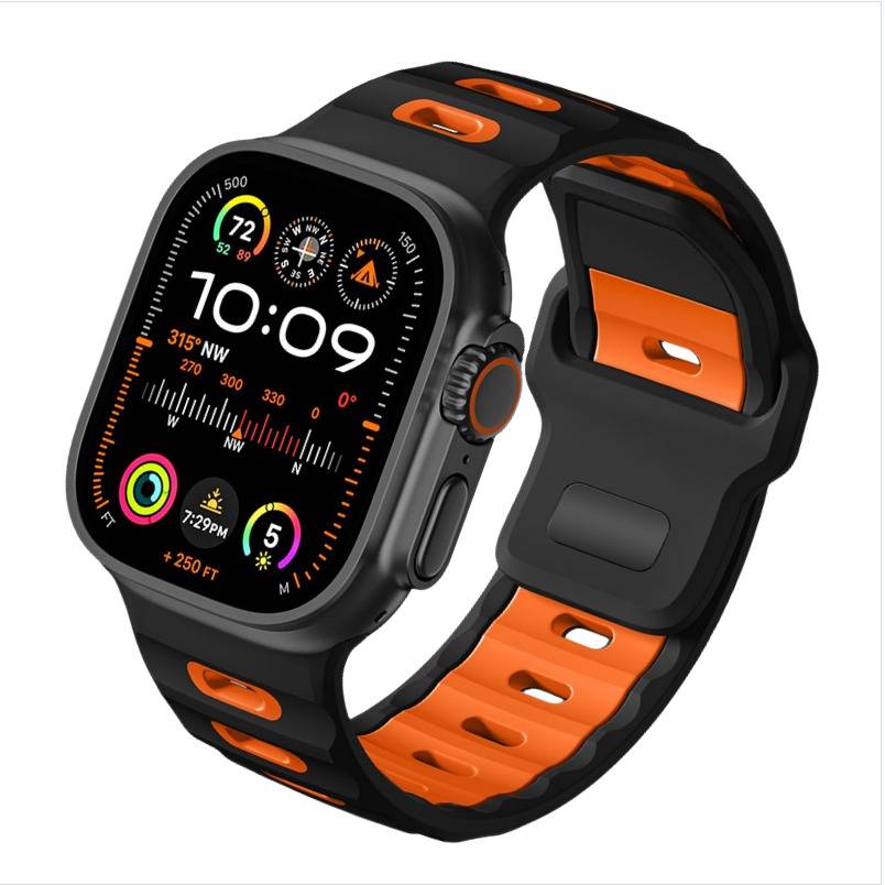 Stilvolles Silikonarmband für Apple Watch 42/44/45/46/49mm Black+Orange