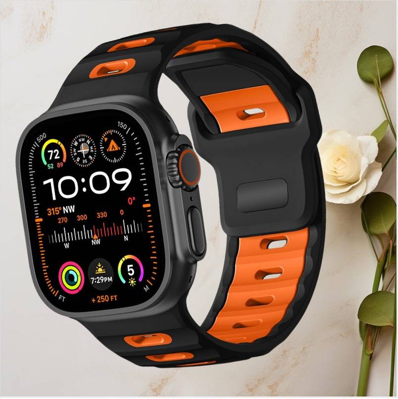 Stilvolles Silikonarmband für Apple Watch 42/44/45/46/49mm Black+Orange