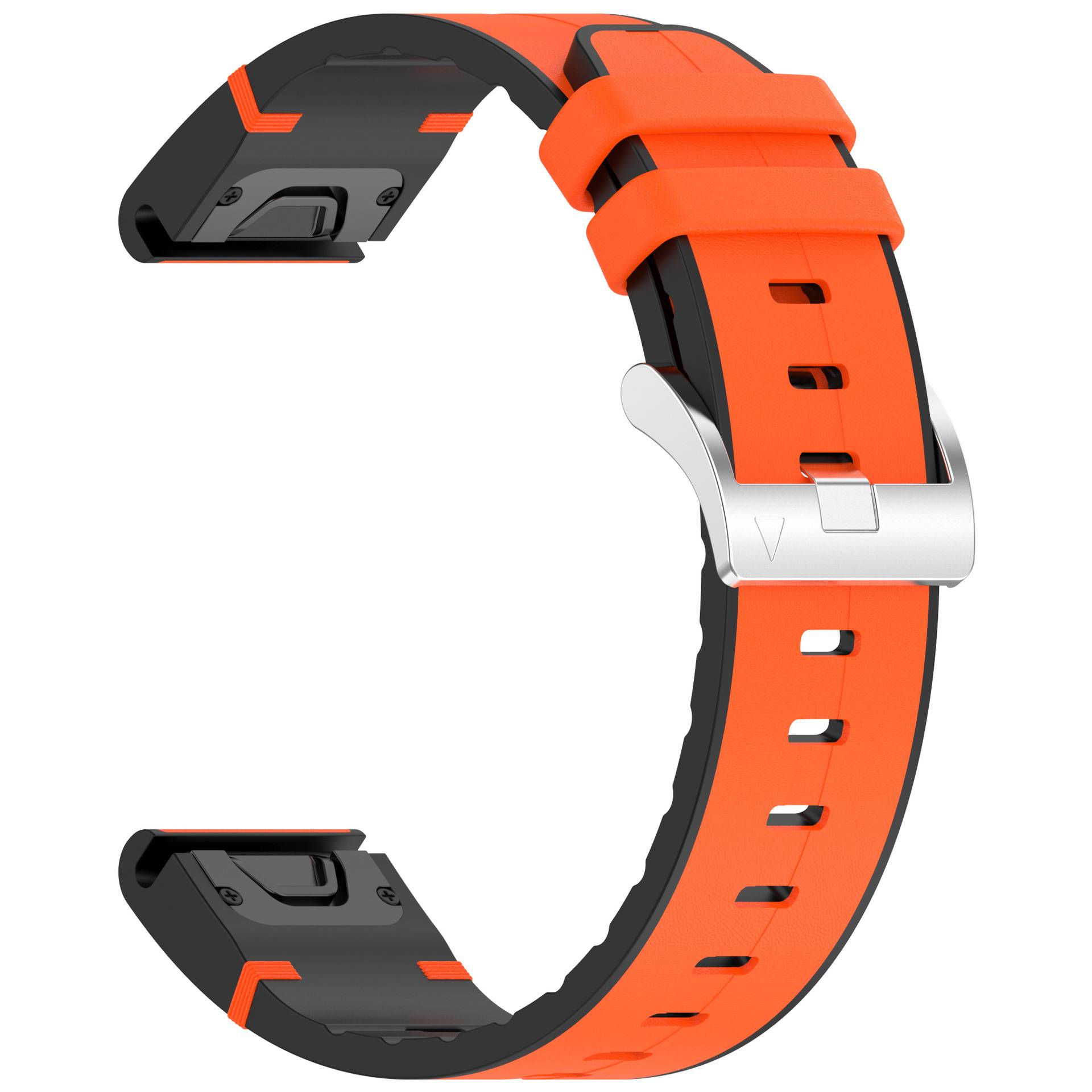 Ein orange-schwarzes Smartwatch-Armband mit silbernem Verschluss, gefertigt aus strapazierfähigem Gummimaterial und mit verstellbaren Riemenlöchern für eine individuelle Passform.
