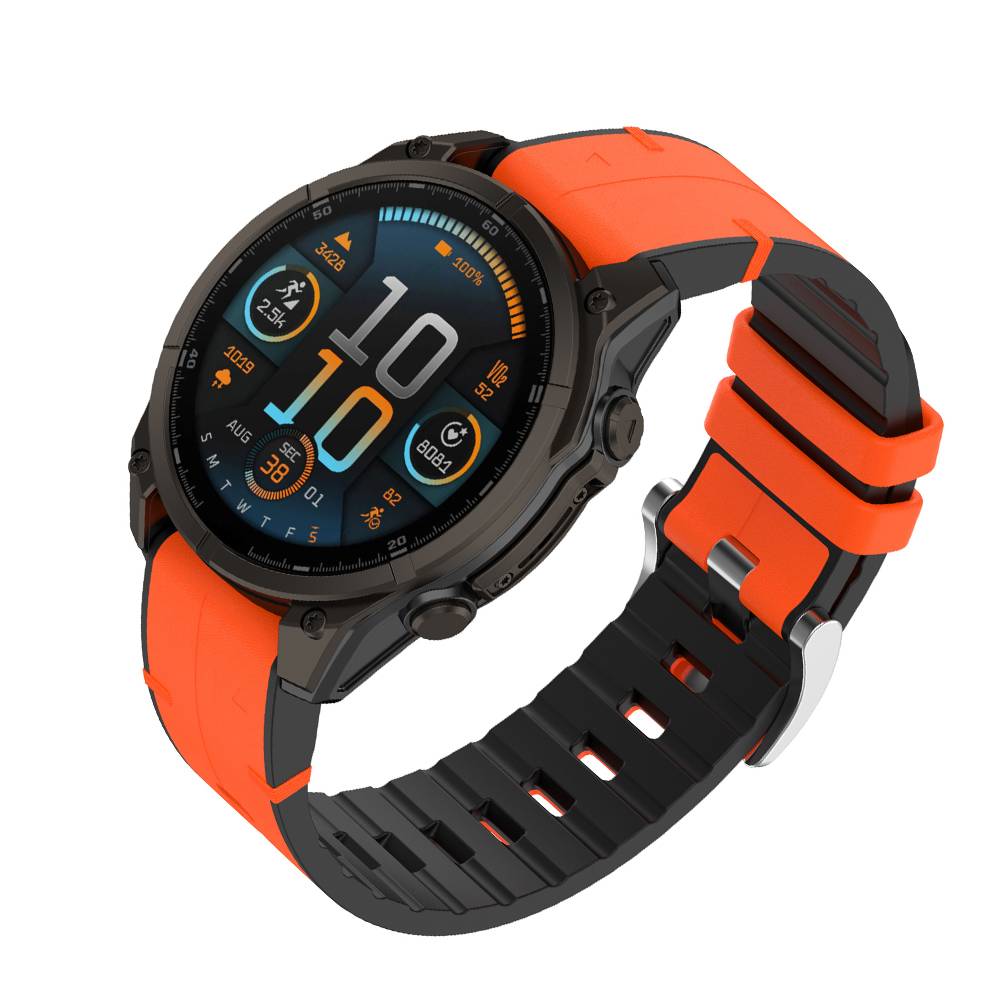 Eine robuste Smartwatch mit einem orange-schwarzen Armband, die die Uhrzeit „10:10" anzeigt. Sie hat Fitness- und Wetter-Symbole auf dem Bildschirm.