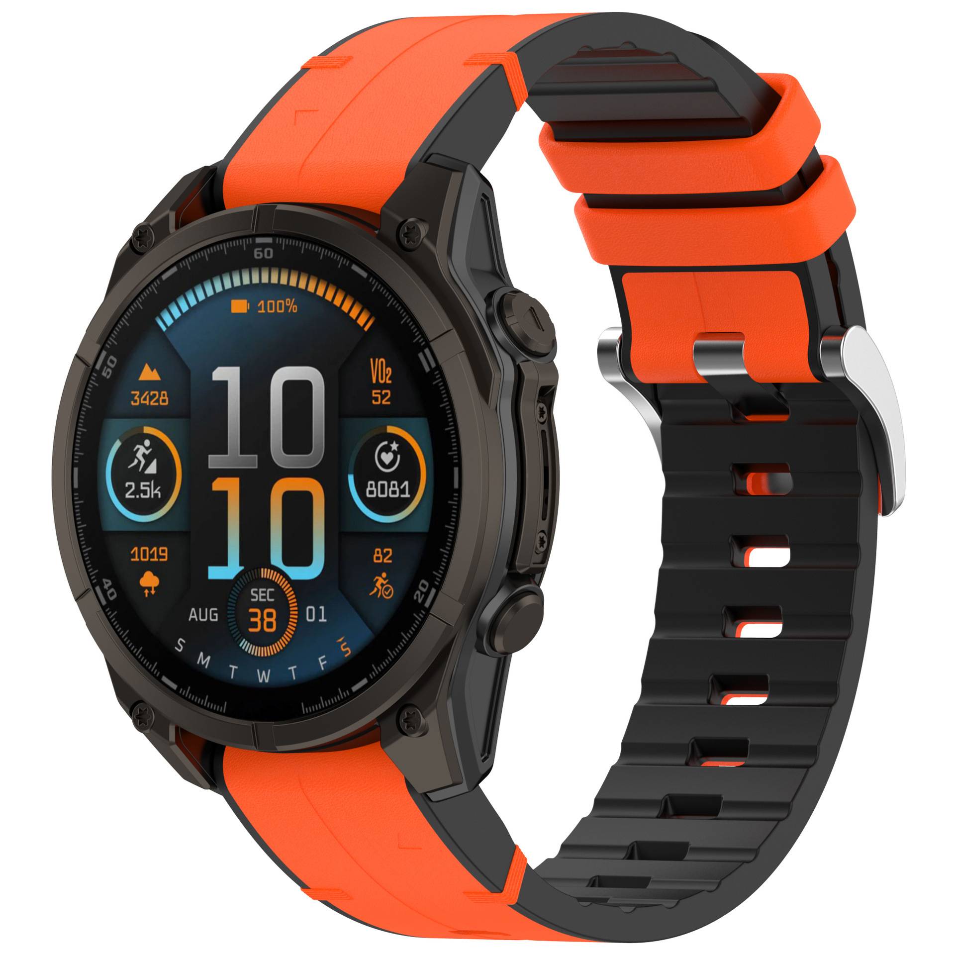 Eine orange-schwarze Smartwatch, die die Zeit „10:10" anzeigt. Der Bildschirm zeigt Schrittanzahl, Herzfrequenz und zusätzliche Fitnessmesswerte.