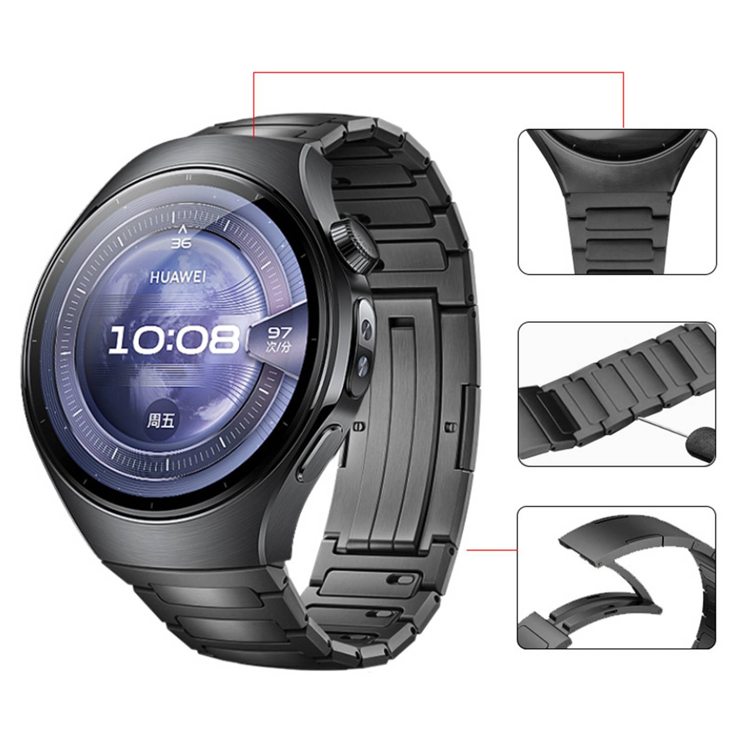 Titan Armband für Kompatibel mit Huawei WATCH 5: Stilvoll & Robust Black 46 mm