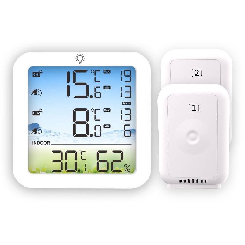 Digitales Kühlschrankthermometer mit 2 Außensensoren, Innen- und Außenbereich, Max/Min-Werte, Alarm