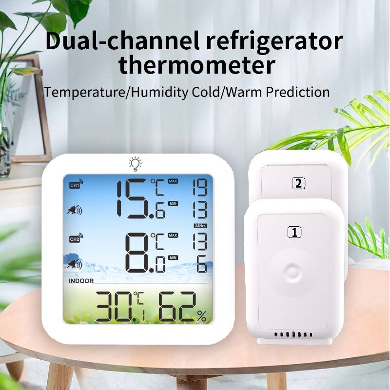 Digitales Kühlschrankthermometer mit 2 Außensensoren, Innen- und Außenbereich, Max/Min-Werte, Alarm