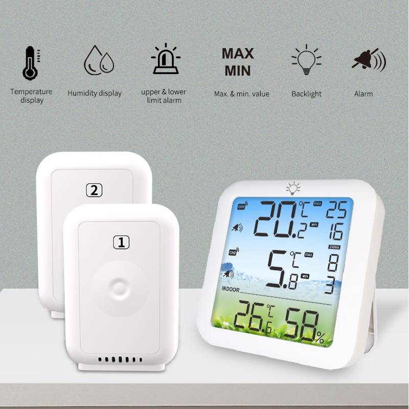 Digitales Kühlschrankthermometer mit 2 Außensensoren, Innen- und Außenbereich, Max/Min-Werte, Alarm