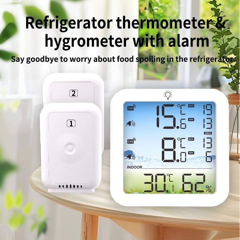 Digitales Kühlschrankthermometer mit 2 Außensensoren, Innen- und Außenbereich, Max/Min-Werte, Alarm