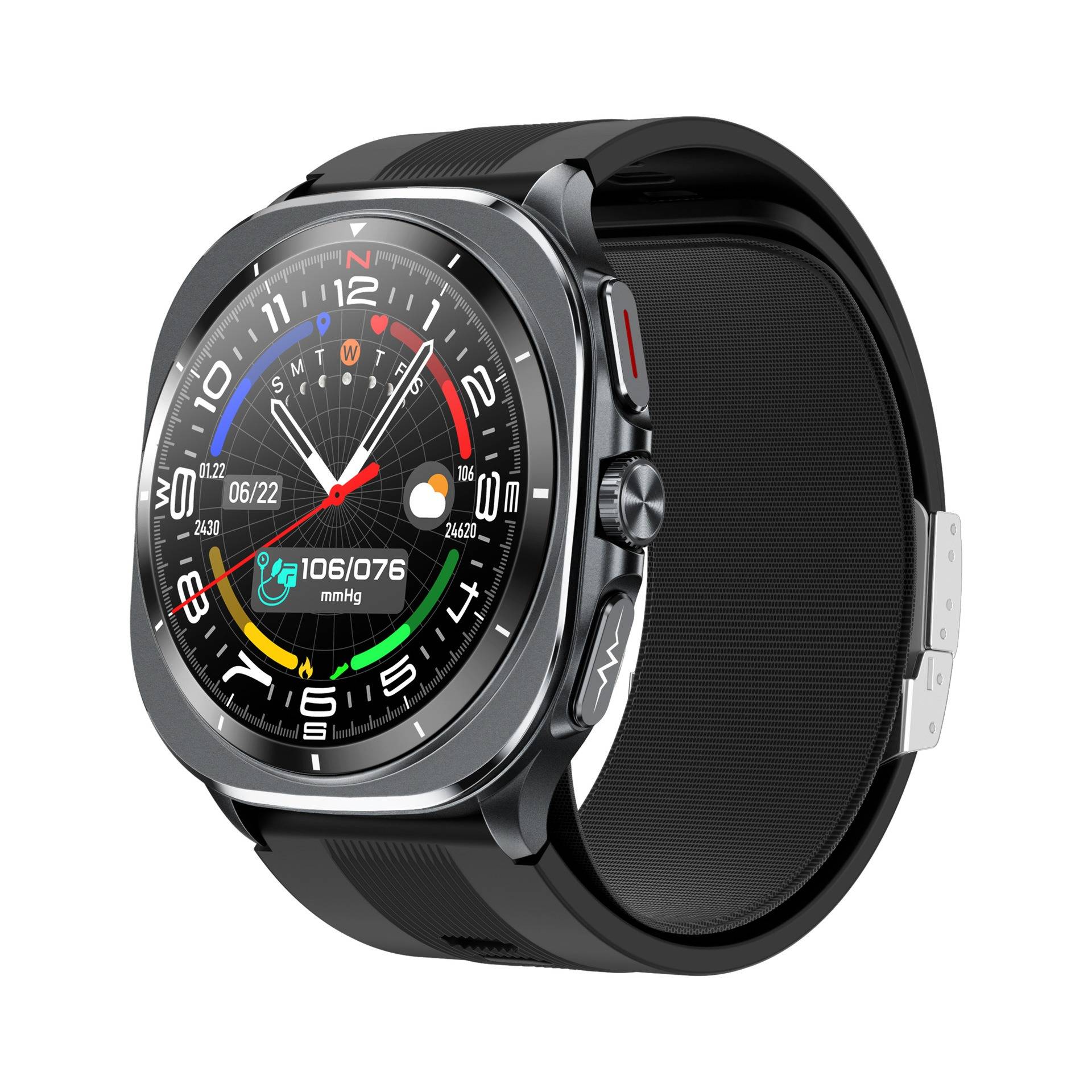 Eine Smartwatch mit einem farbenfrohen Display, das die Zeit, das Datum und verschiedene Gesundheitsmetriken wie Herzfrequenz und Schrittanzahl anzeigt, auf einem schwarzen Armband.