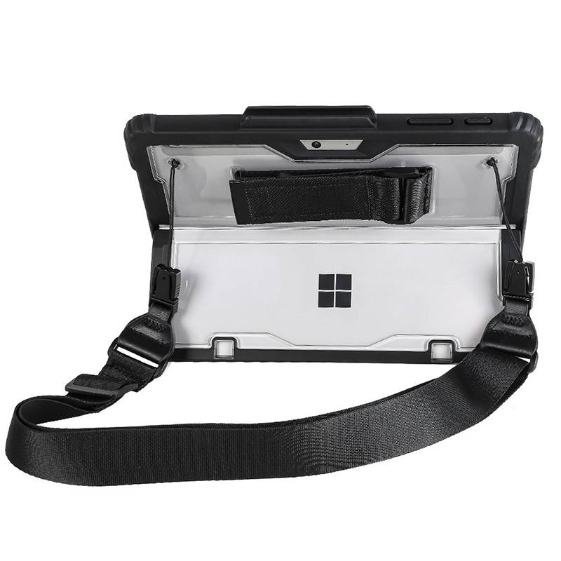 Ein robustes Tablet-Etui mit Schultergurt, entwickelt für Langlebigkeit und einfaches Transportieren, mit transparenter Rückseite und schützenden Ecken.
