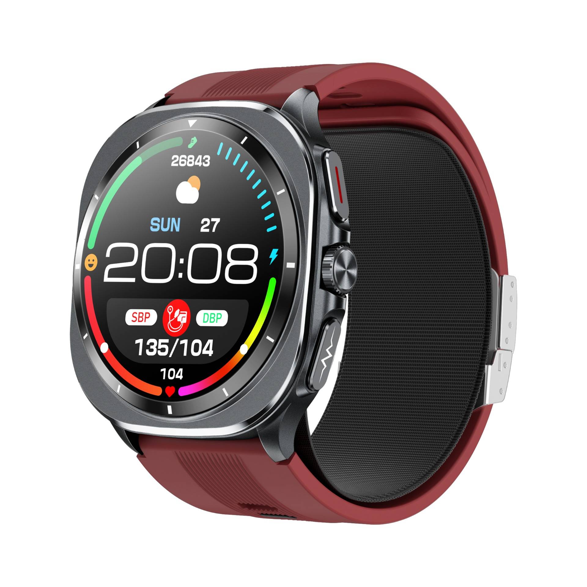 Eine Smartwatch zeigt die Zeit '20:08' mit einem roten Armband an. Das Display zeigt Herzfrequenz '135/104', Schrittanzahl '26.843' und das Datum 'So 27'.