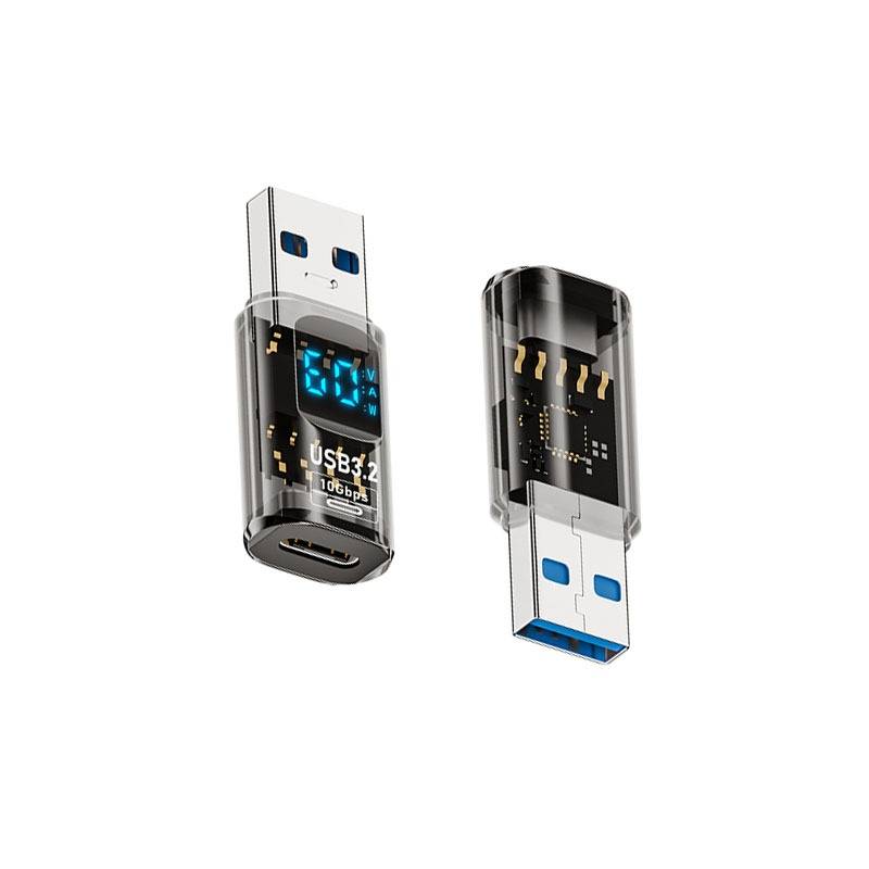 TYPE-C Buchse auf USB Stecker Adapter mit Digitalanzeige, Transparent Schwarz (2er-Pack)