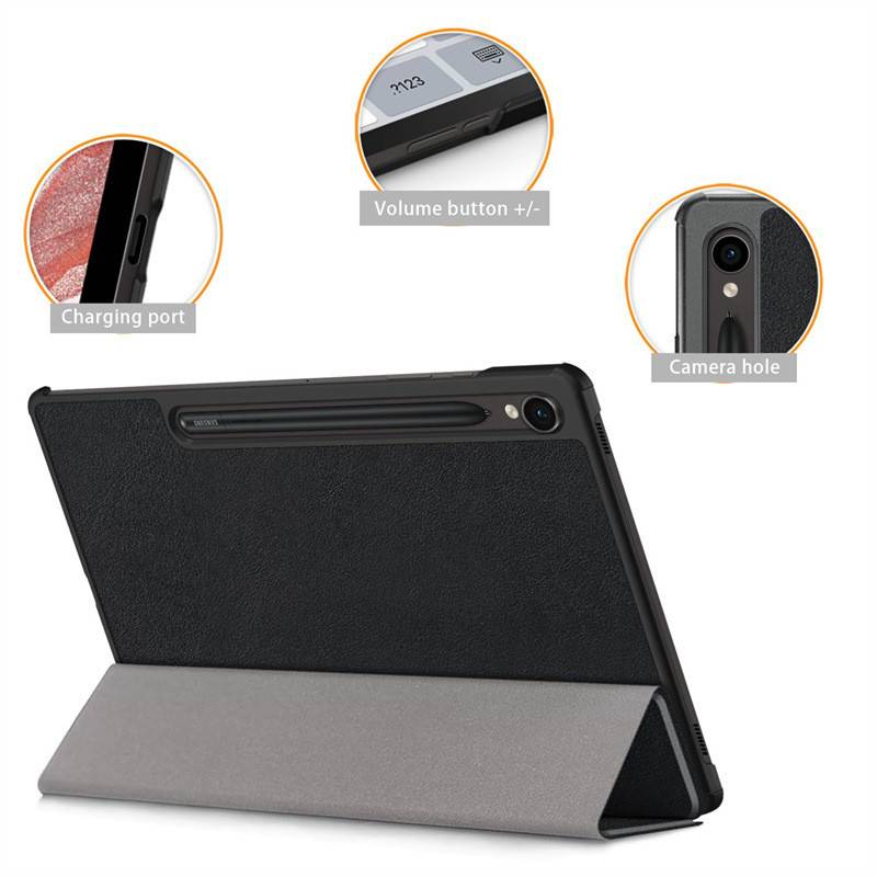 Ein Tablet in einer Schutzhülle wird mit beschrifteten Funktionen gezeigt: „Ladeanschluss", „Lautstärketaste +/-"" und „Kameraloch"".