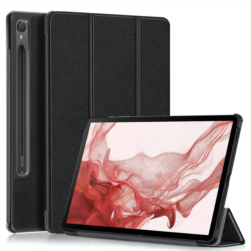 Ein Tablet mit schwarzem Gehäuse, das abstrakte rote Kunstwerke auf dem Bildschirm anzeigt. Das Gehäuse ist so gestaltet, dass es auch als Ständer funktioniert.