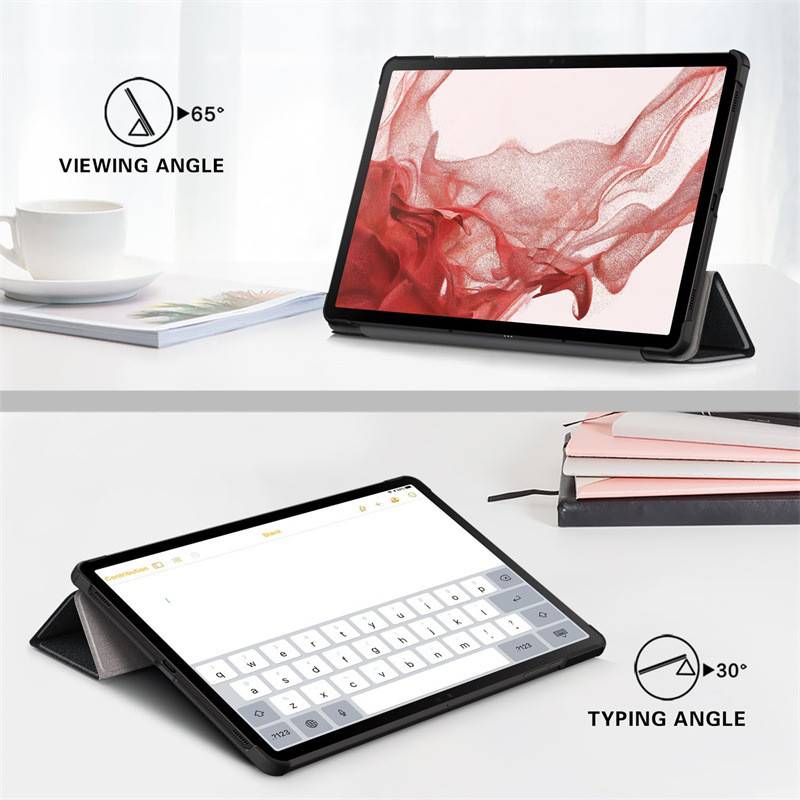 Tablet-Schutzhülle unterstützt zwei Winkel: 65° zum Anschauen, 30° zum Tippen. Der Tablet-Bildschirm zeigt abstrakte rote Kunstwerke an.
