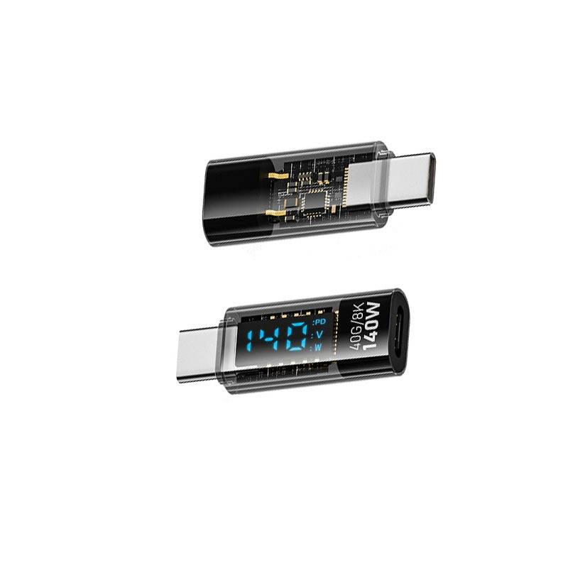 140W USB-C Buchse auf USB-C Stecker Adapter mit Digitalanzeige, Transparent Schwarz, Gerader Stecker (2er-Pack)