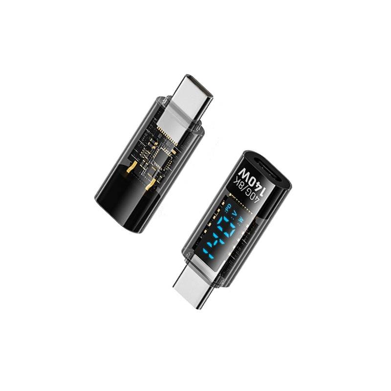 140W USB-C Buchse auf USB-C Stecker Adapter mit Digitalanzeige, Transparent Schwarz, Gerader Stecker (2er-Pack)