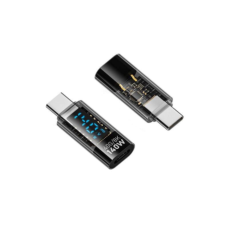 140W USB-C Buchse auf USB-C Stecker Adapter mit Digitalanzeige, Transparent Schwarz, Gerader Stecker (2er-Pack)