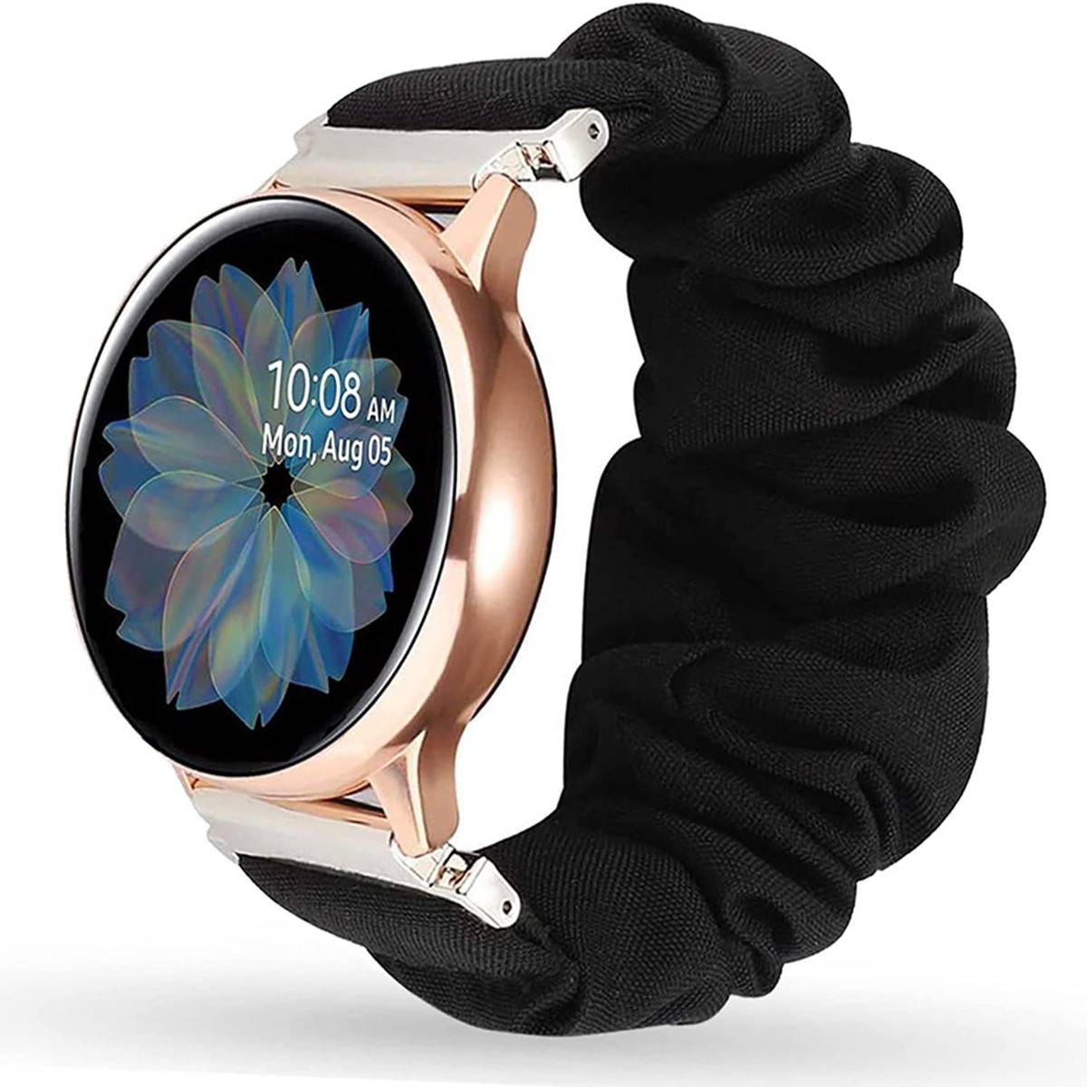 Eine Smartwatch mit vergoldetem Gehäuse zeigt die Uhrzeit „10:08 AM