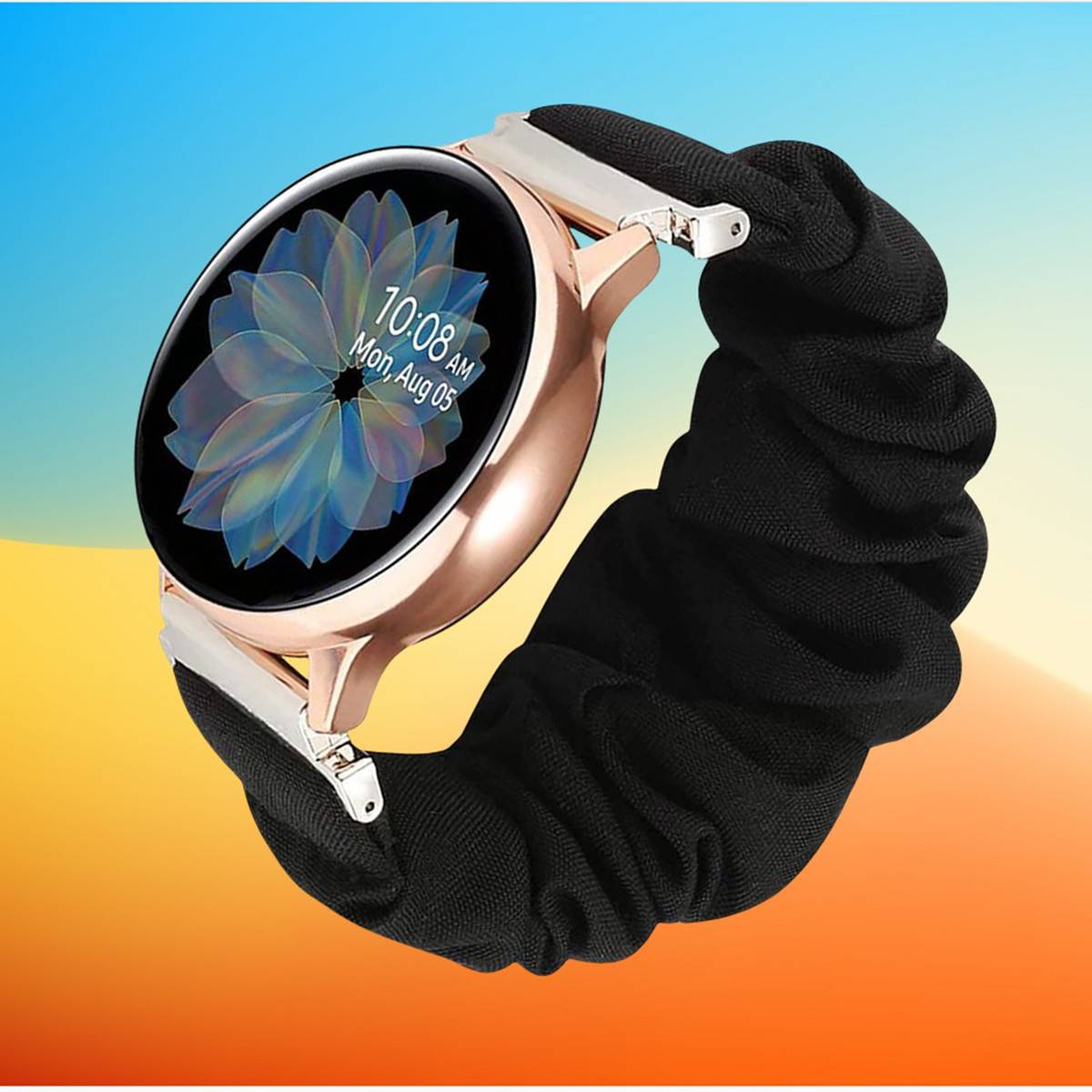 Eine Smartwatch aus Roségold mit florarem Display und Stoffarmband zeigt die Uhrzeit „10:08 Uhr