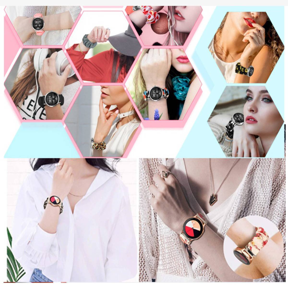Eine Collage von Frauen, die verschiedene farbenfrohe Armbänder in sechseckigen Rahmen tragen, die unterschiedliche Stile und Designs der Bänder zeigen.