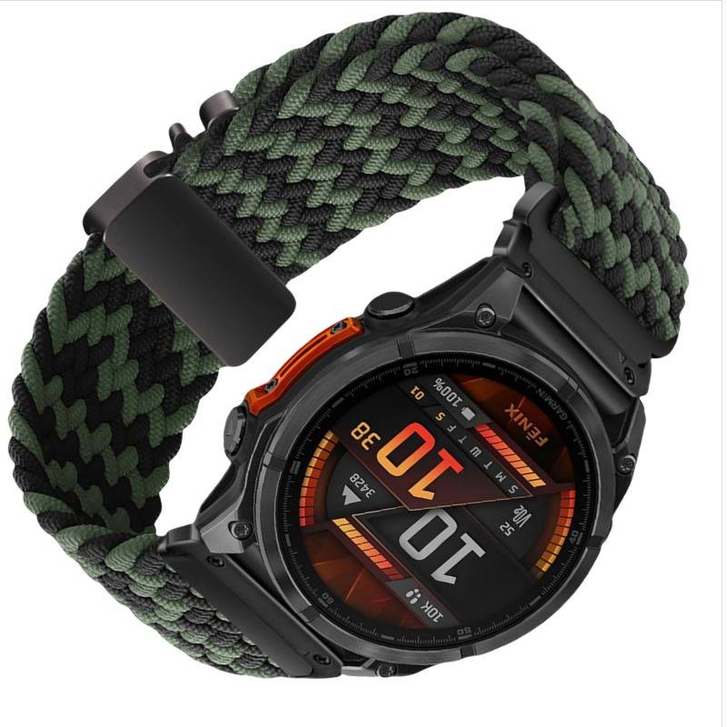 Smartwatch mit robustem grünem und schwarzem Paracord-Band, zeigt „10" auf dem Display an, geeignet für Outdoor-Aktivitäten.