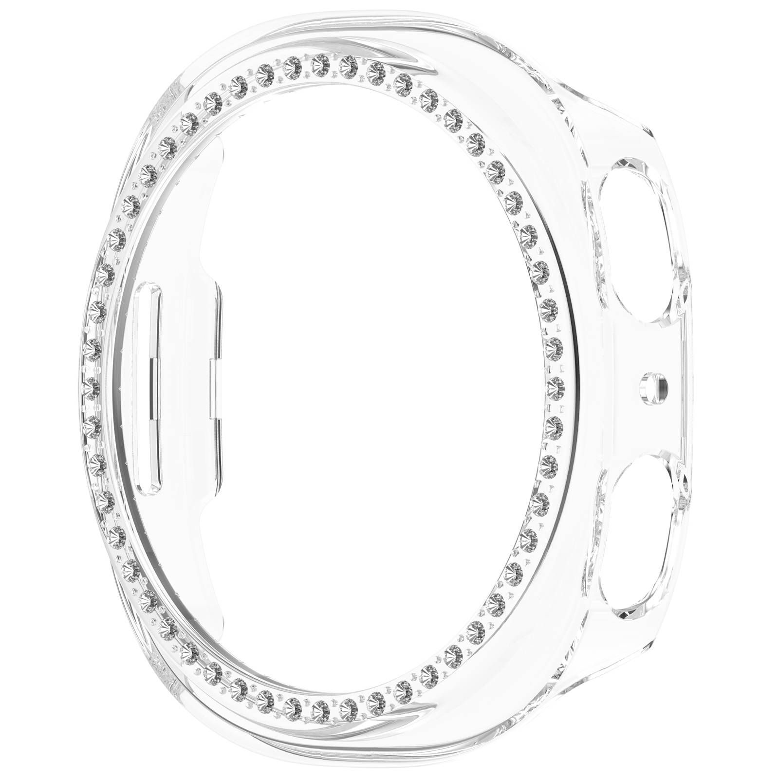 Klares, juwelenverziertes Smartwatch-Gehäuse mit Ausschnitten für Tasten und Ladeanschluss.