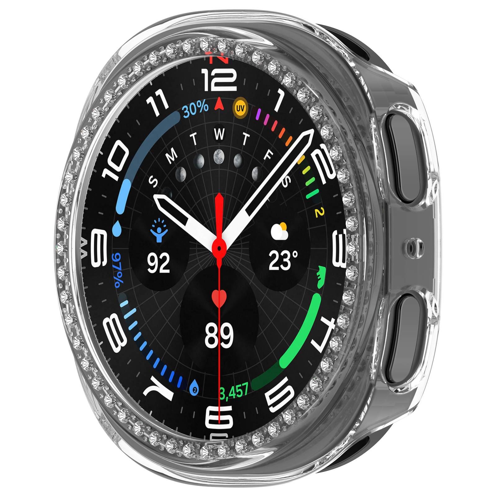 Eine Smartwatch zeigt die Zeit, das Datum, eine Herzfrequenz von 89 Schlägen pro Minute, einen Schrittezähler von 3.457, und das Wetter mit einem teilweise bewölkten Symbol und 23°C an.