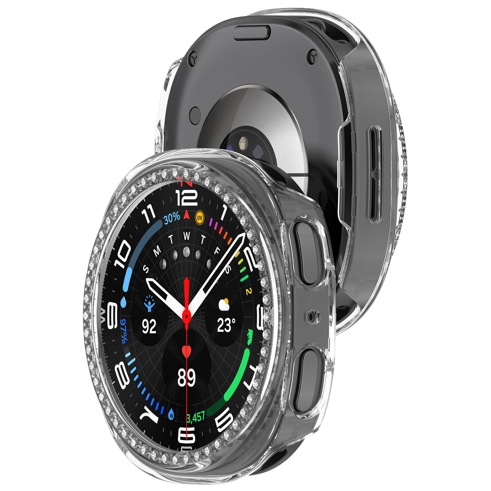 Smartwatch mit rundem, farbigem Display, das die Uhrzeit, den Wochentag, das Datum, Wetterdaten und Gesundheitsmetriken anzeigt. Die Rückseite macht den Sensor sichtbar.