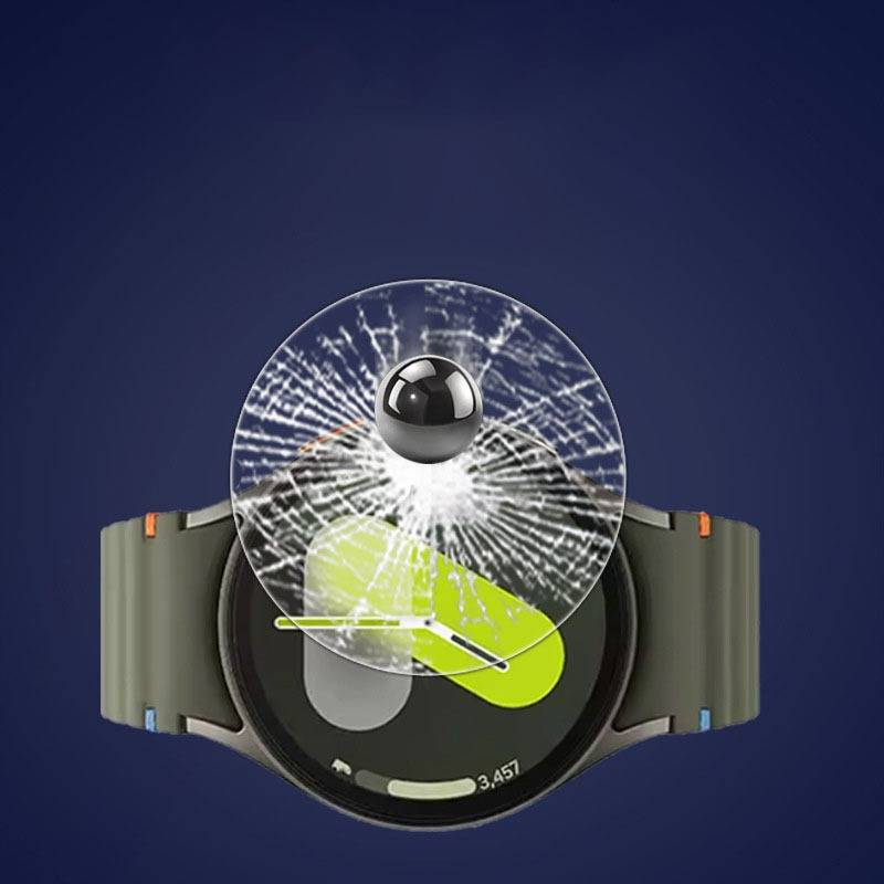 Eine Smartwatch mit einem gerissenen Bildschirm, auf dem ein gelbes Batteriesymbol bei 34% angezeigt wird. Die Uhr hat ein grünes Armband auf dunkelblauem Hintergrund.