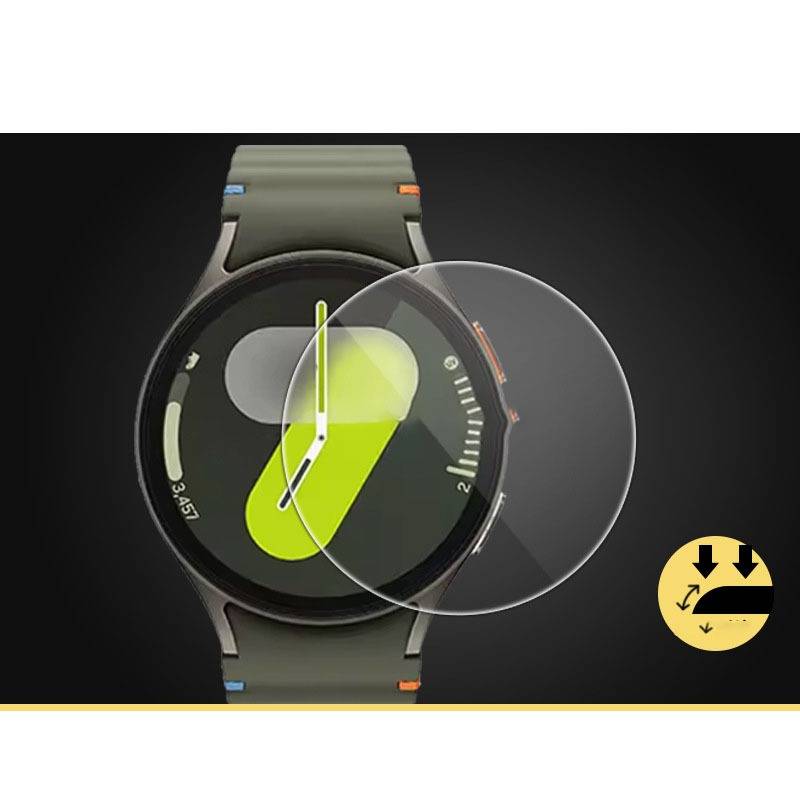 Eine Smartwatch mit digitalem Display, das ein grafisches Design zeigt. Ein eingefügtes Bild zeigt den Bildschirmschutz mit einem Pfeil, der auf die Uhr zeigt.