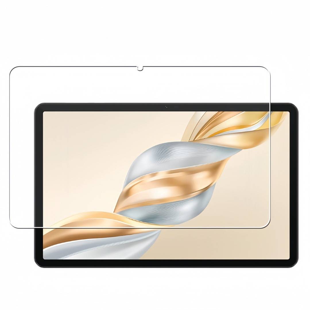 Ein Tablet mit einem teilweise angebrachten Displayschutz, das auf dem Display ein gold- und silberfarbenes Wirbelmuster zeigt.