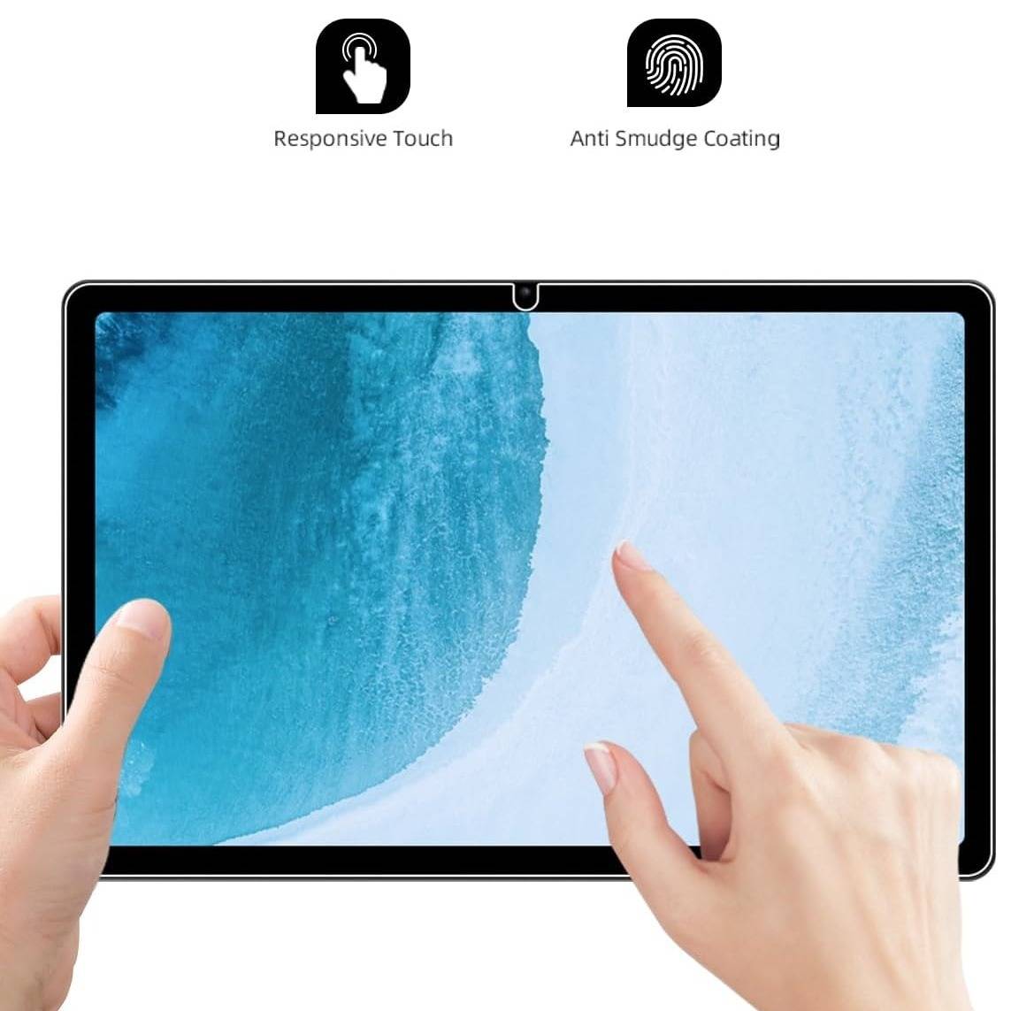Eine Person interagiert mit einem Tablet, das über "Responsive Touch"" und ""Anti Smudge Coating"" verfügt und einen blauen abstrakten Wellenschirm anzeigt.