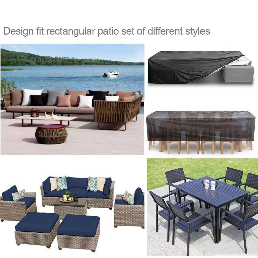 Design-Kollektion rechteckiger Patio-Sets in verschiedenen Stilen mit Bildern von Patio-Sets, einschließlich Sofas, Stühlen und Tischen in verschiedenen Designs.