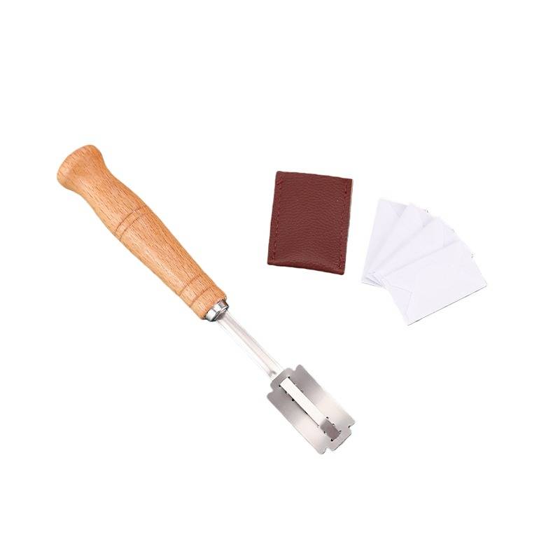 Edelstahl Brotmesser mit 5 Klingen und Lederscheide - Teigschneider mit Holzgriff, kompatibel mit verschiedenen Brotarten