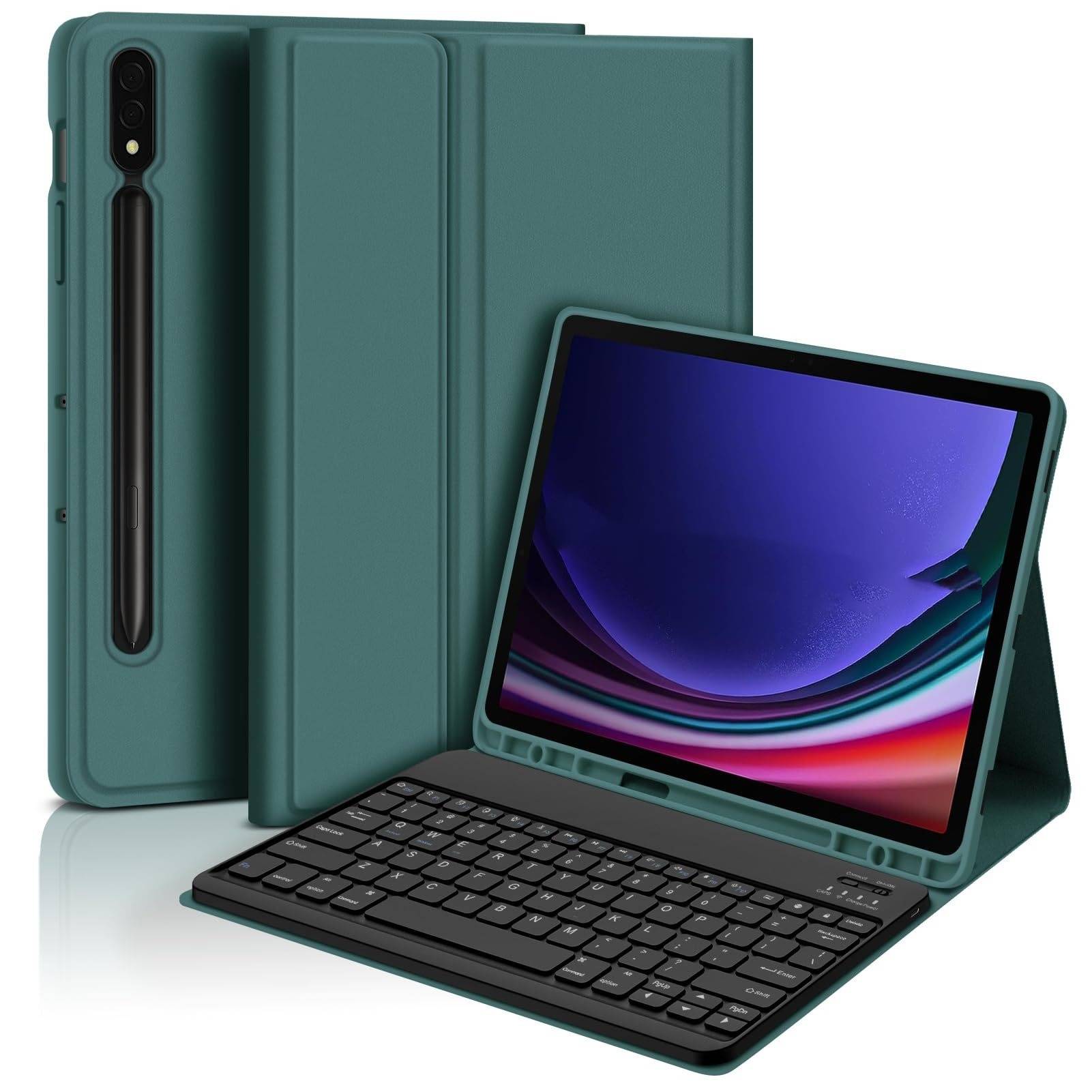 Bluetooth-Tastaturhülle + Tastatur kompatibel mit Samsung Galaxy Tab A9+ 2023 (11 Zoll) – Dunkelgrün