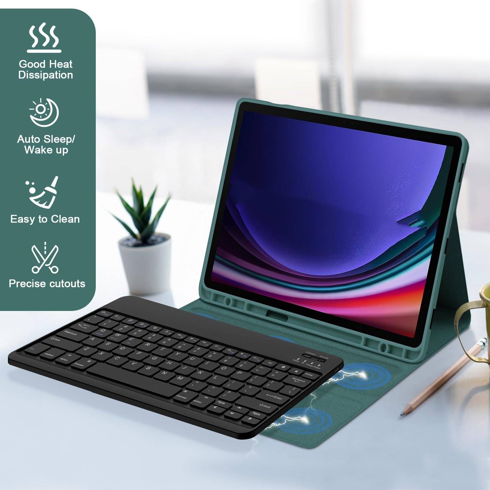 Bluetooth-Tastaturhülle + Tastatur kompatibel mit Samsung Galaxy Tab A9+ 2023 (11 Zoll) – Dunkelgrün