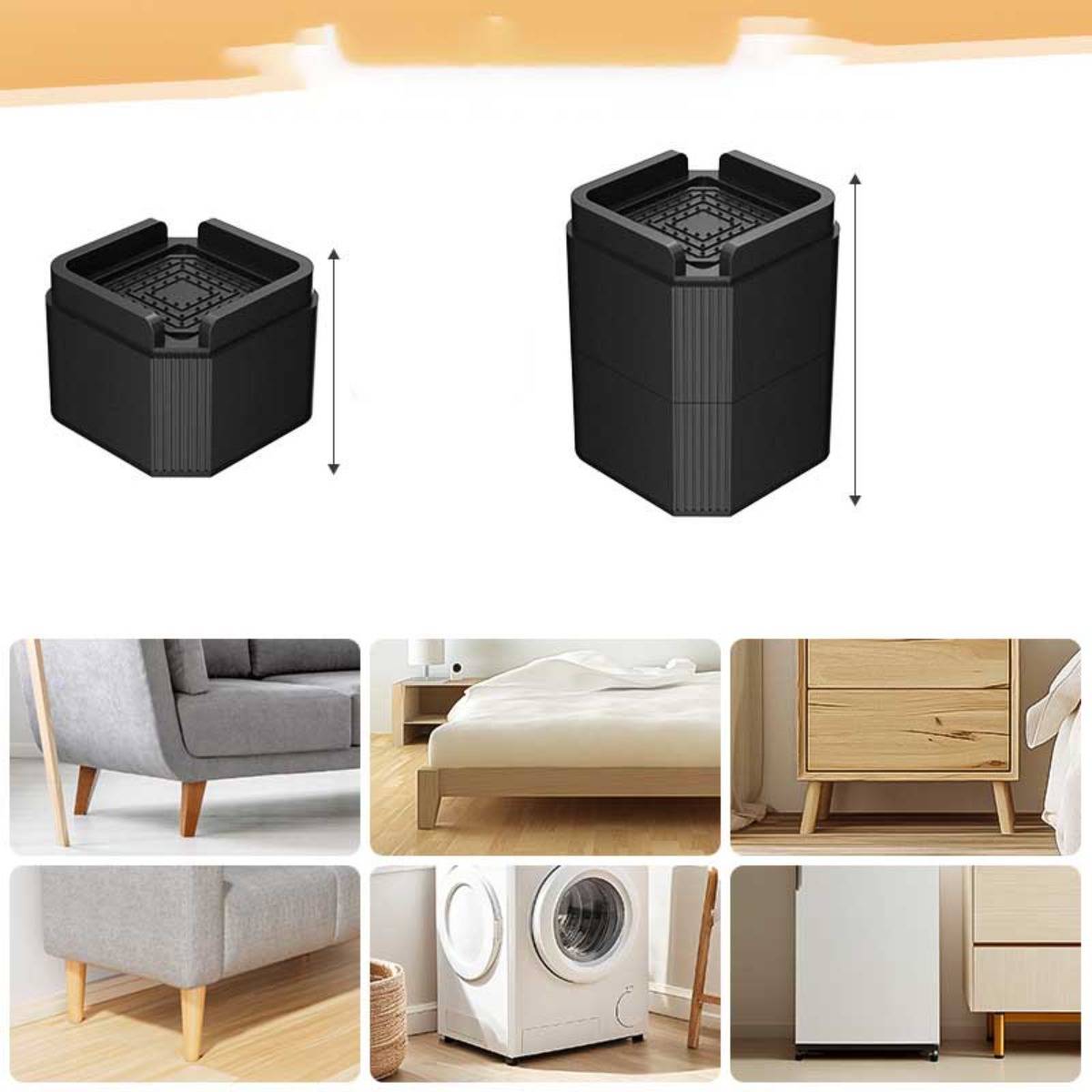 Schwarze quadratische Möbelerhöher - 5 cm Höhe - 4er-Set [80x80x50mm] - Stapelbare Bett-, Sofa- und Tischbeinerhöhungen